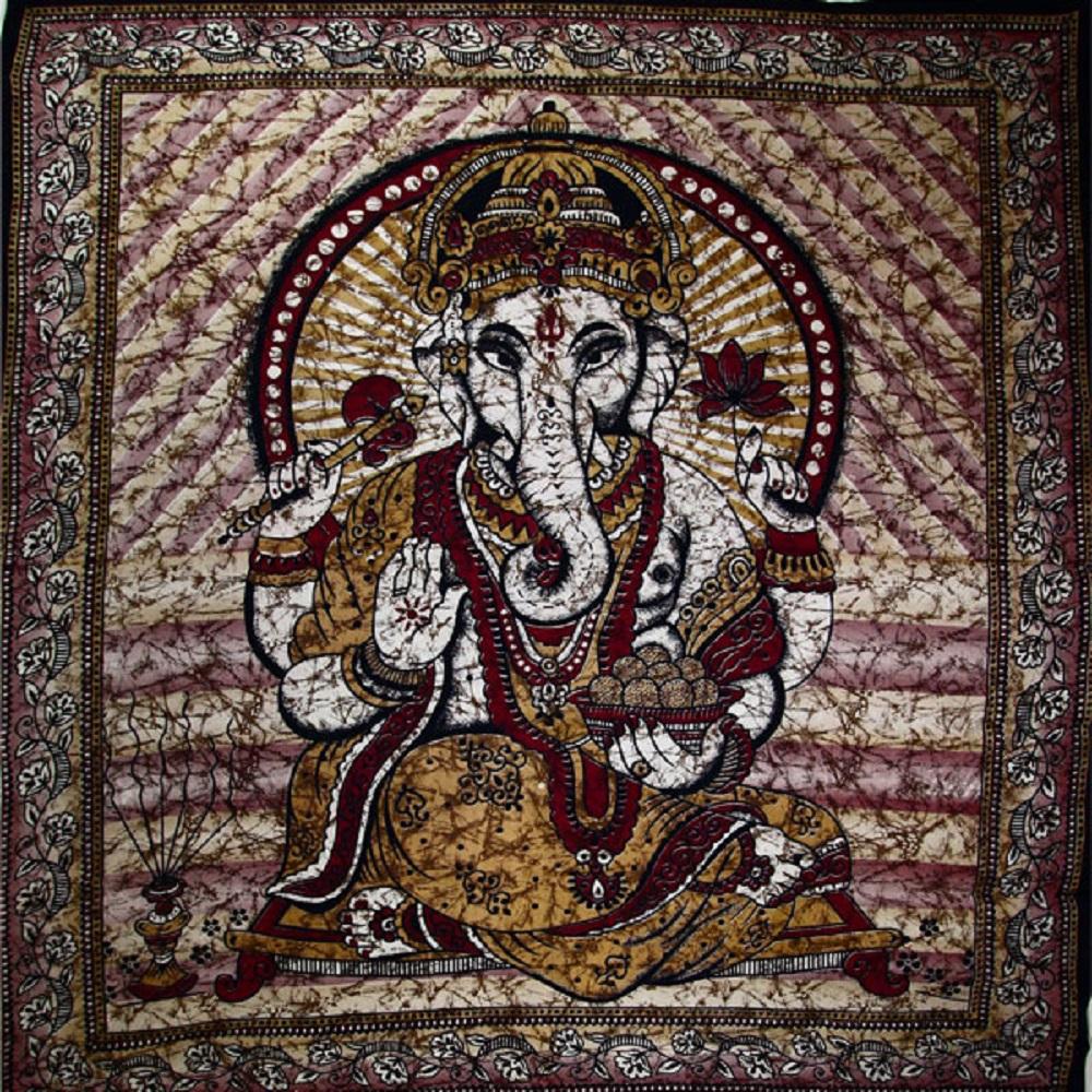 Ganesha hält Lotusblume braun Batik-Tie-Dye-Wandteppich
