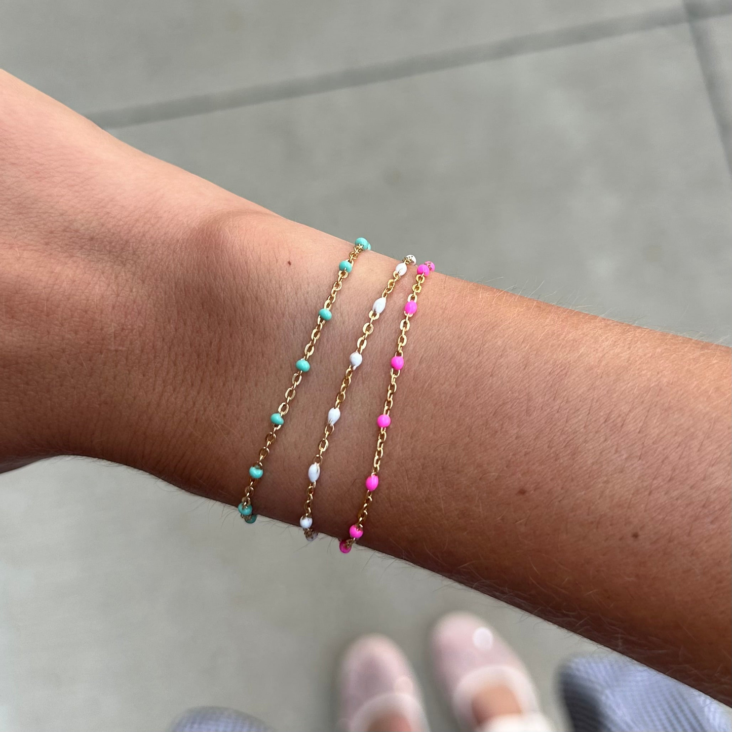 Turquoise + Pink + White Daisy Bracelet Triple Stack