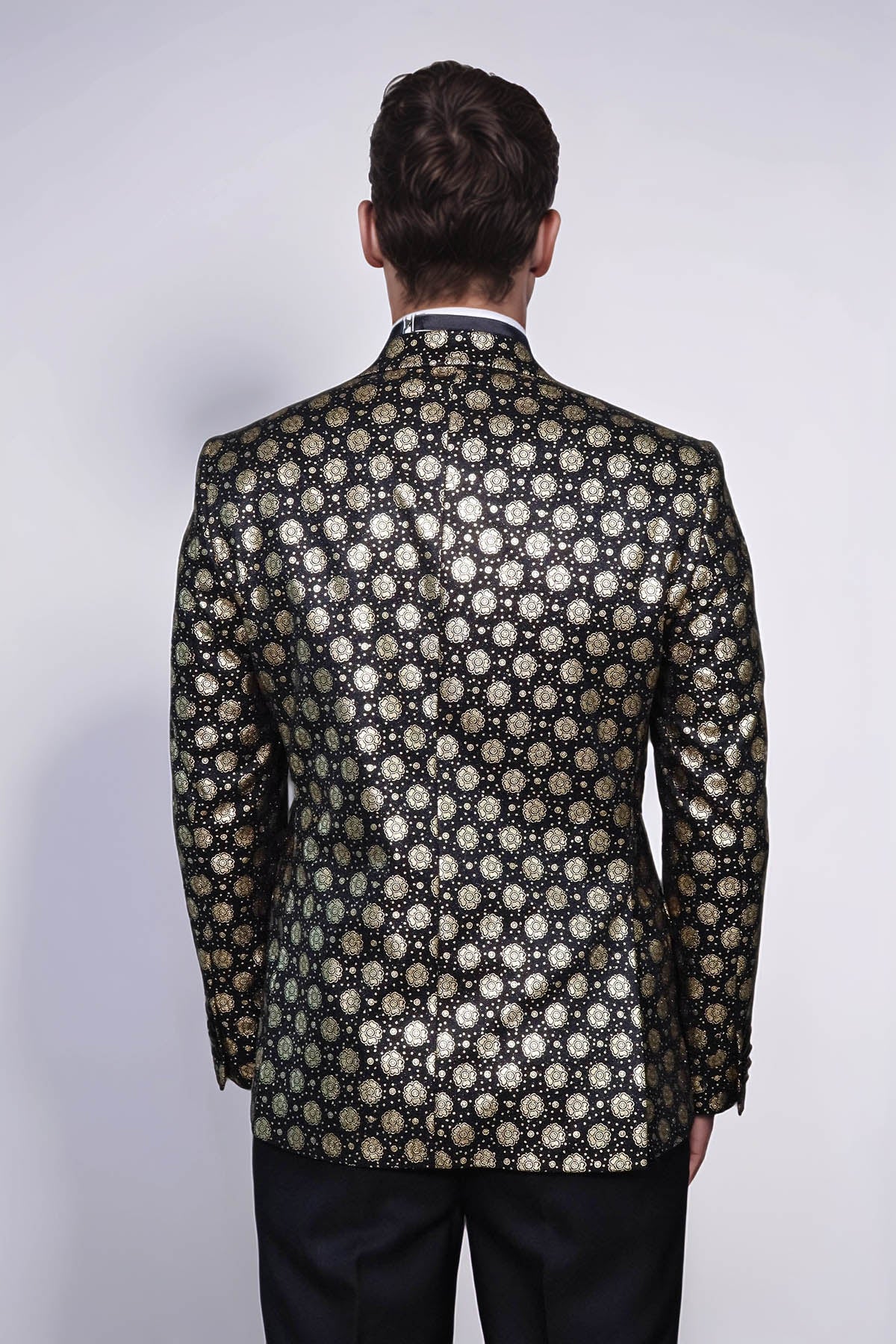 Floral Patterned Peak Lapel Black with Gold Embellished Dinner Jacket - Wessi