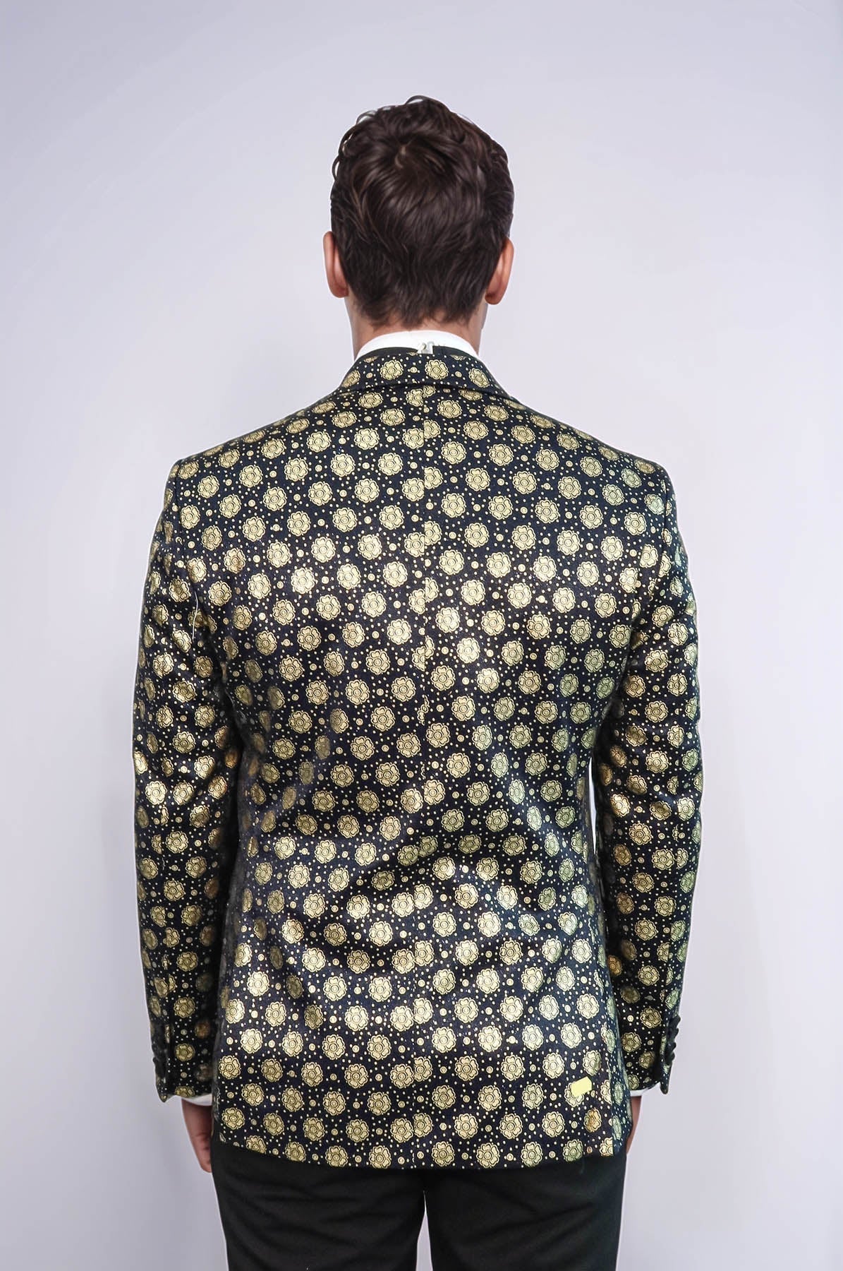 Floral Patterned Peak Lapel Navy Blue with Gold Embellished Dinner Jacket - Wessi