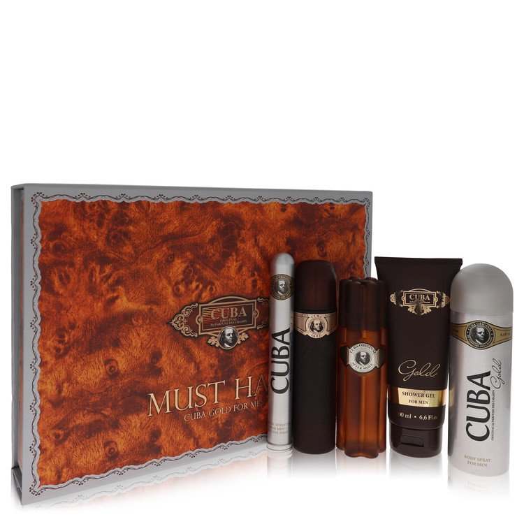 Cuba Gold von Fragluxe Geschenkset -- 100 ml Eau de Toilette Spray + 100 ml After Shave Spray + 200 ml Körperdeo-Spray + 200 ml Duschgel + 35 ml EDT Spray für Herren