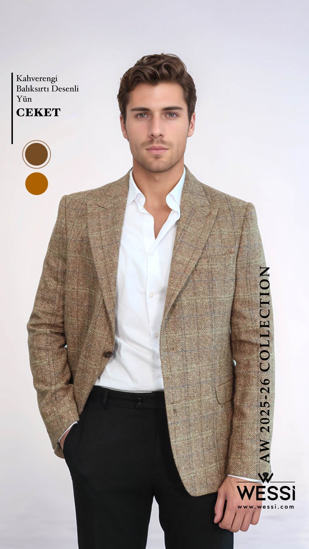 Herringbone Slim Fit Wool Tan Men Blazer - Wessi