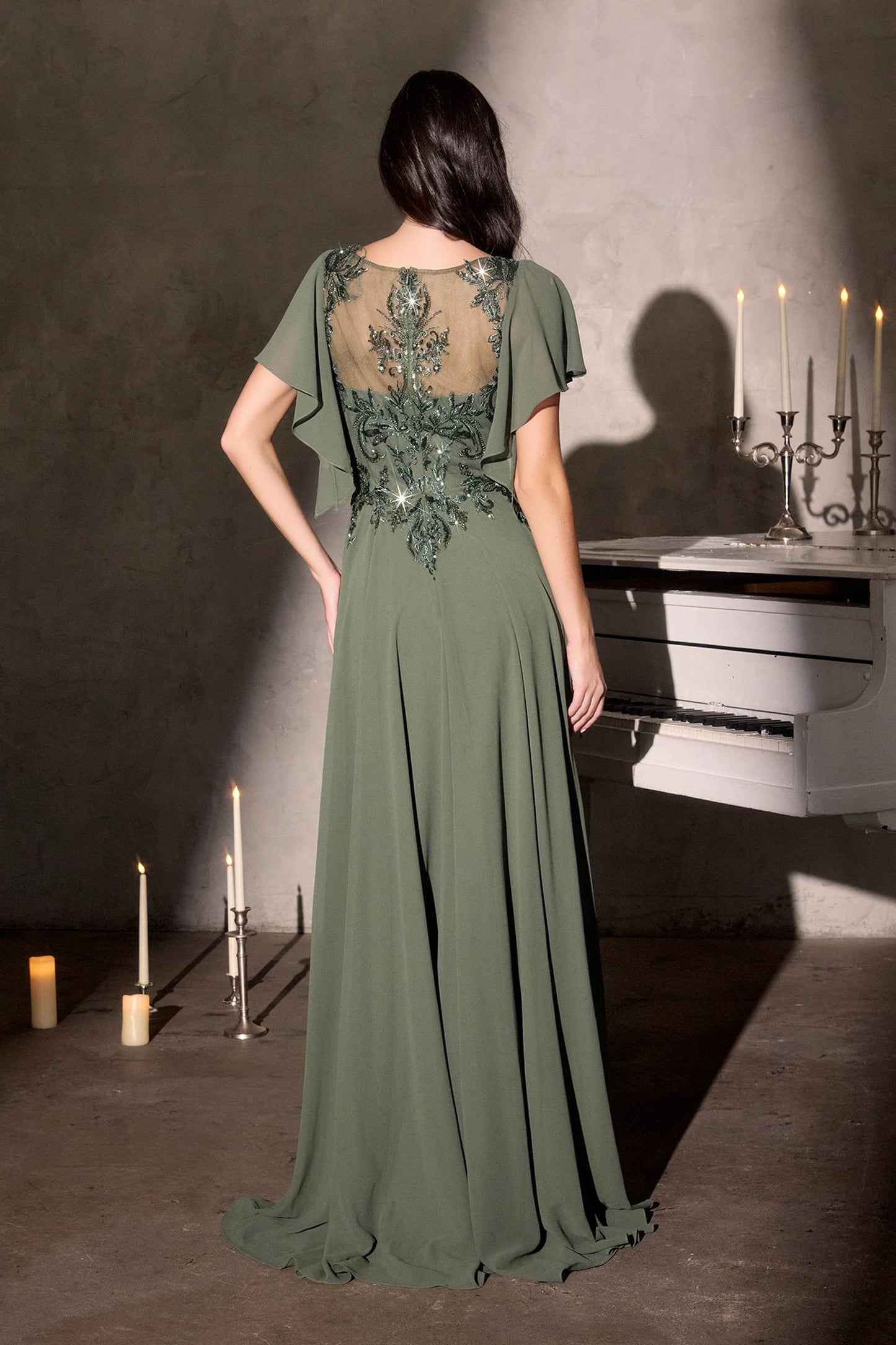 Ladivine CL09 Flutter Sleeve Illusion Neck A-Line Chiffon Gown