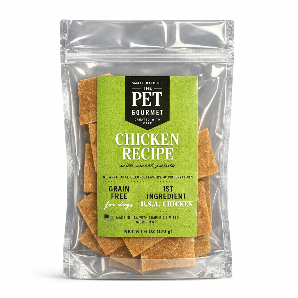 5 oz Chicken and Sweet Potato Jerky dog treats with lean chicken and sweet potatoes in resealable bag