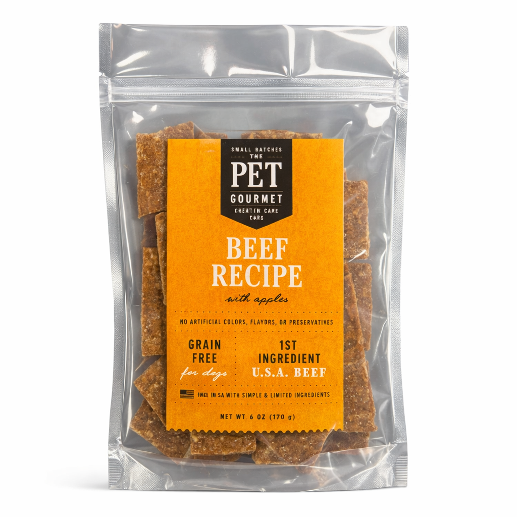 5 oz package of Beef & Carrot Jerky dog treats with beef strips and carrot pieces