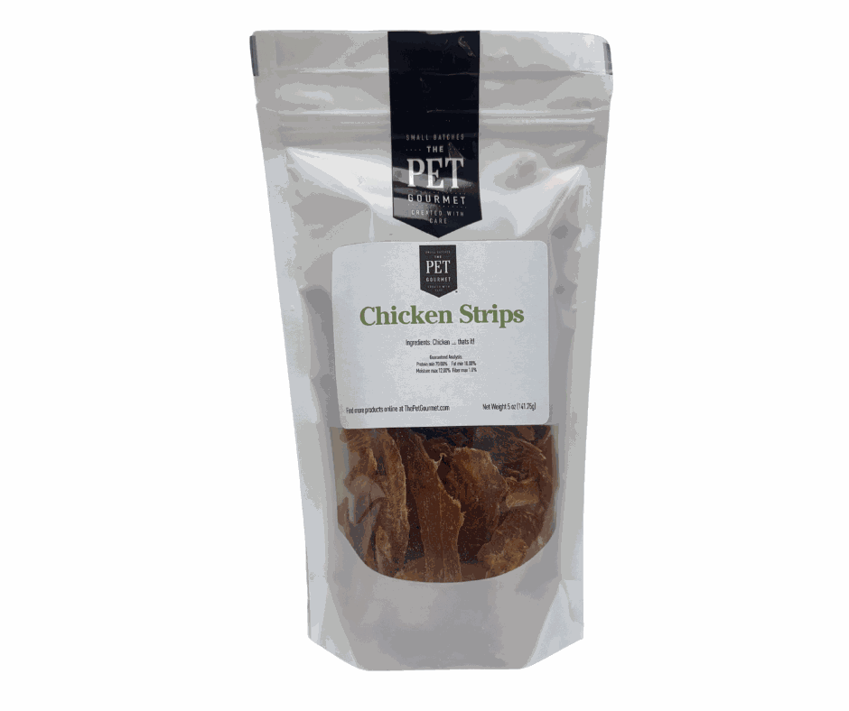 Chicken Strips, 5 ozPet SuppliesSingle Ingredient Chicken Breast Strips, Sourced from the USA
Ingredients: Dried Chicken Breast
Guaranteed Analysis: Crude Protein (min.) 70.00%, Crude Fat (min.)