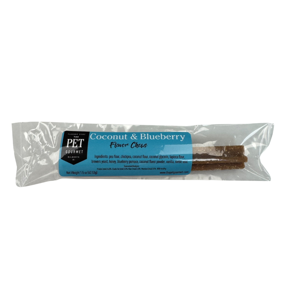 Coconut Blueberry Chew Stick dog treat in star shape for dental health, single pack packaging
