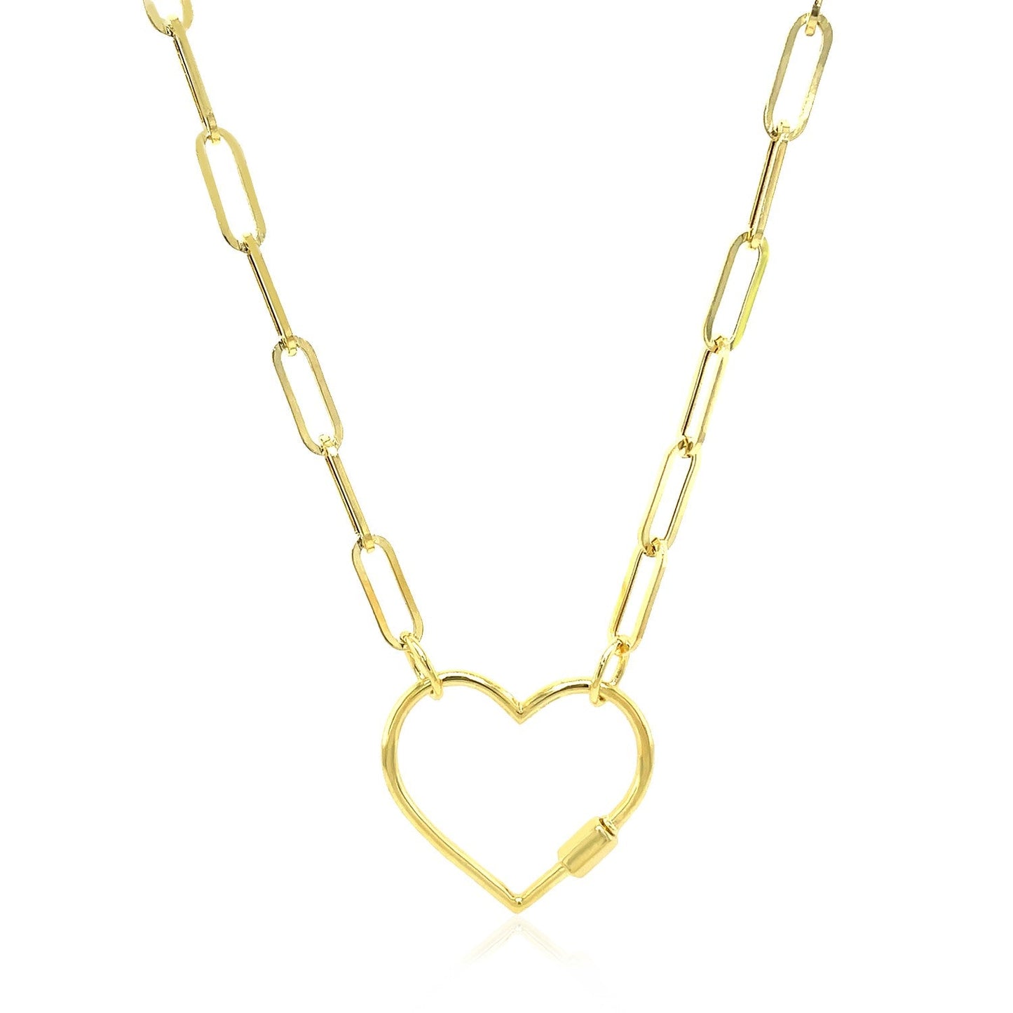 14k Yellow Gold Paperclip Chain Necklace with Heart Carabiner Clasp - ThisandThatShoppe