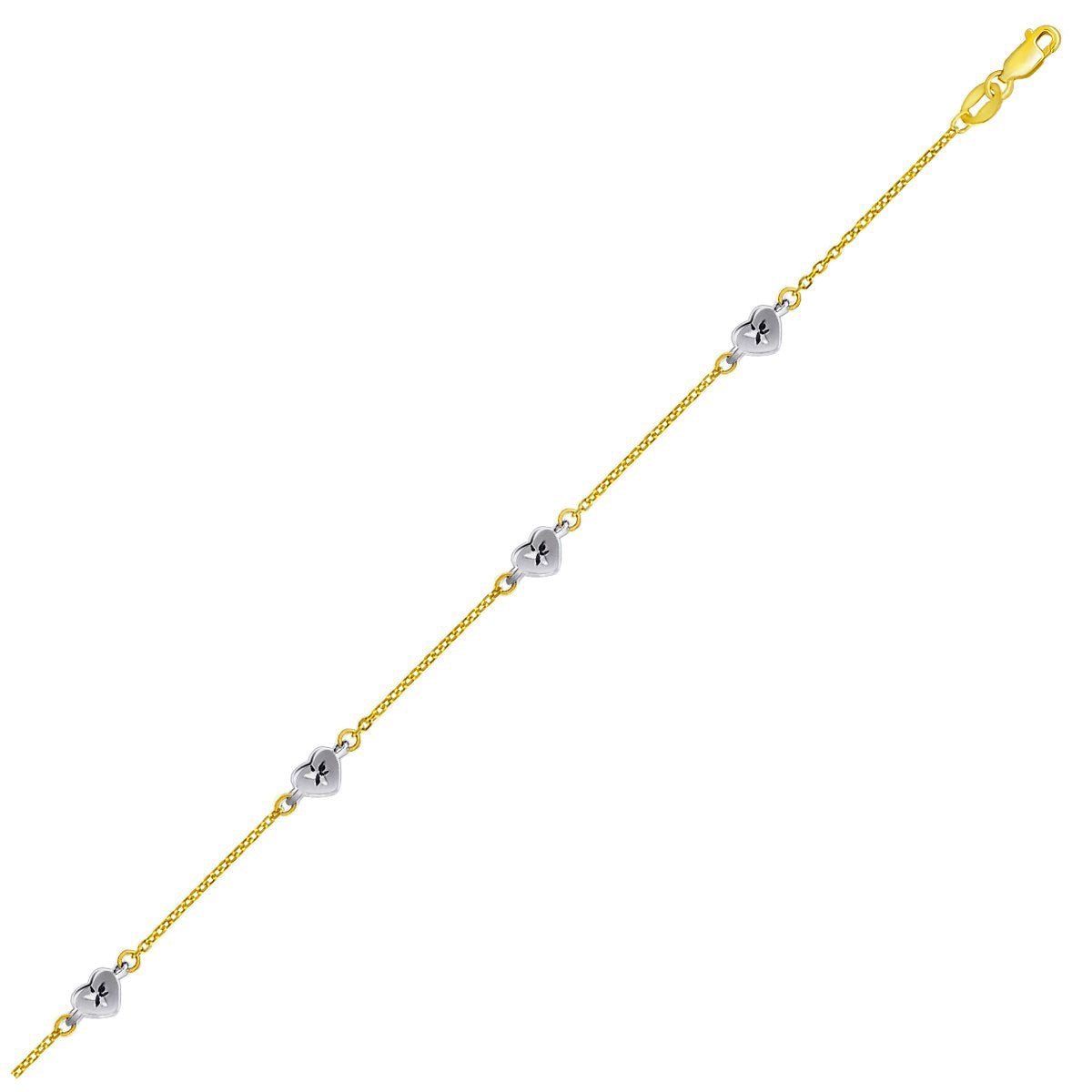 14k Two Tone Gold Anklet with Diamond Cut Heart Style Stations - ThisandThatShoppe