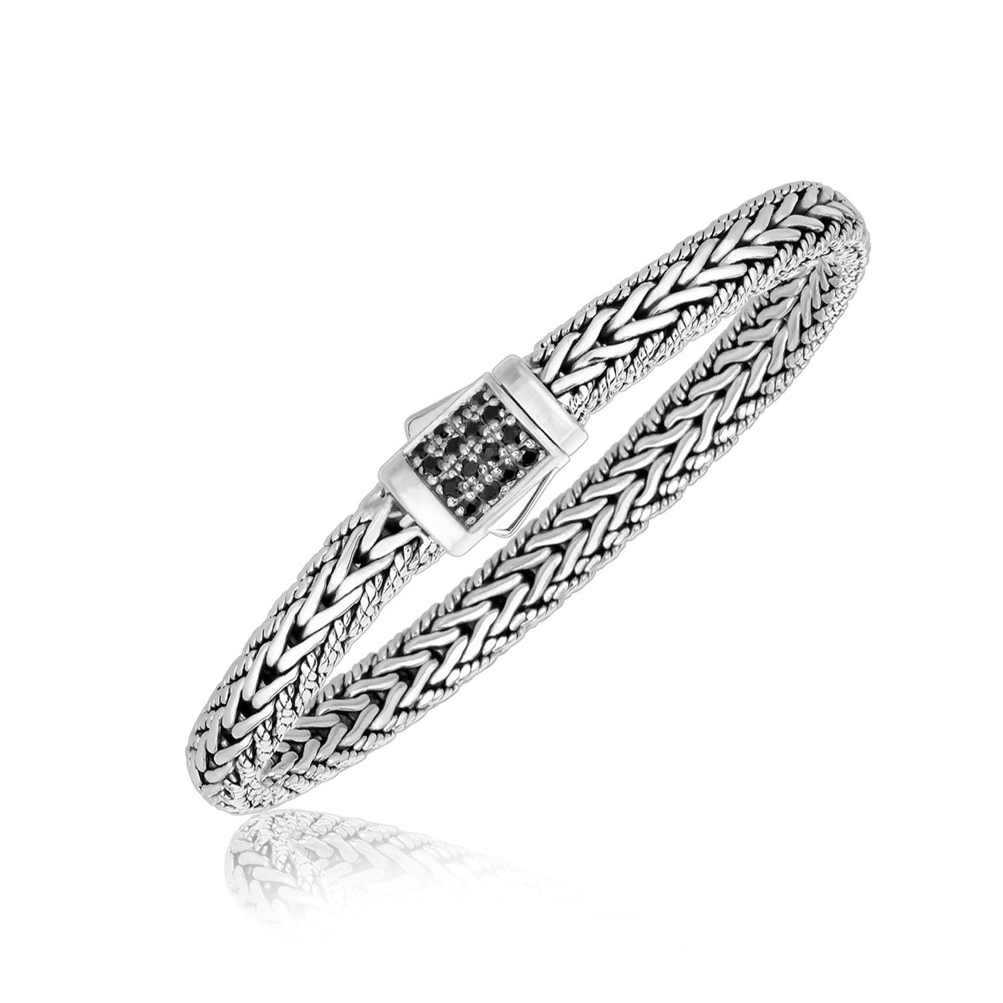 Herrenarmband aus Sterlingsilber im Flecht-Stil mit schwarzen Saphir-Akzenten (1,70 mm)