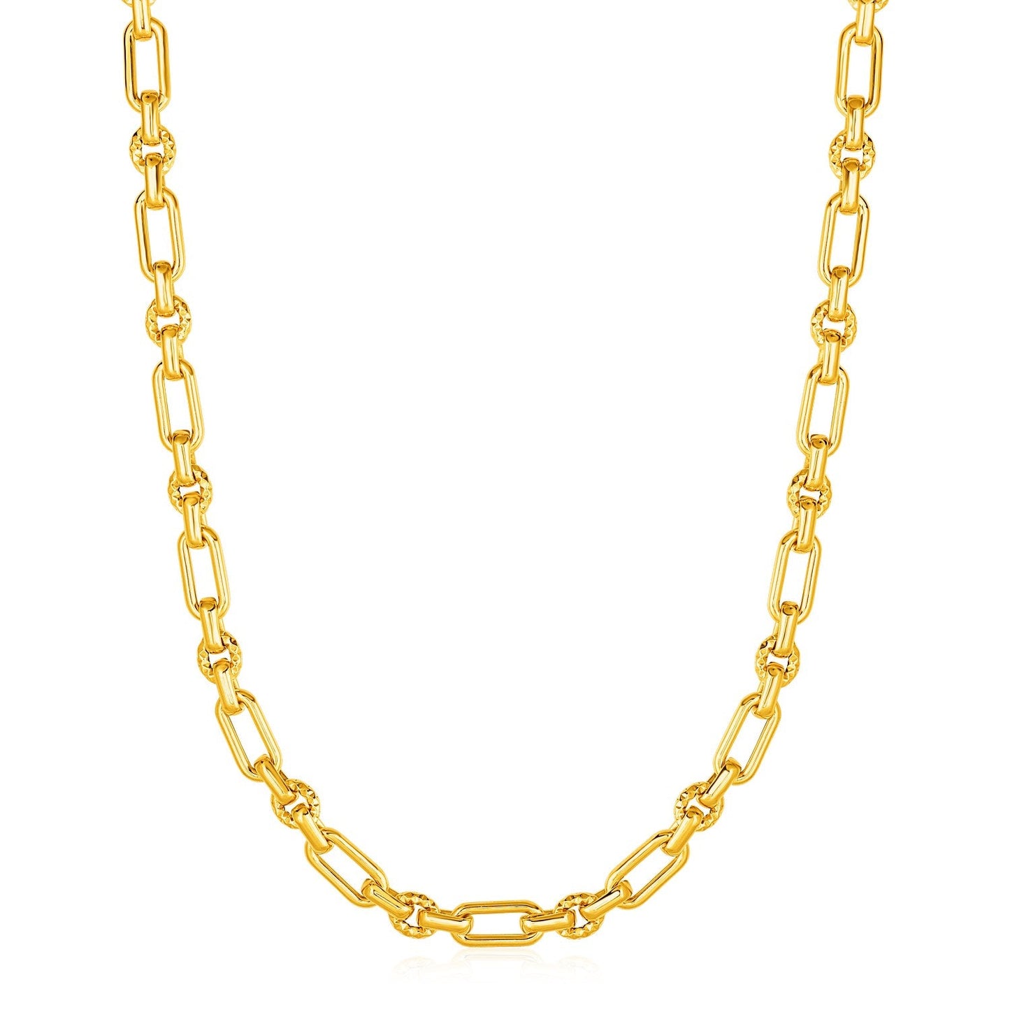Rounded Rectangular Link Necklace with Textured Round Links in 14k Yellow Gold - ThisandThatShoppe