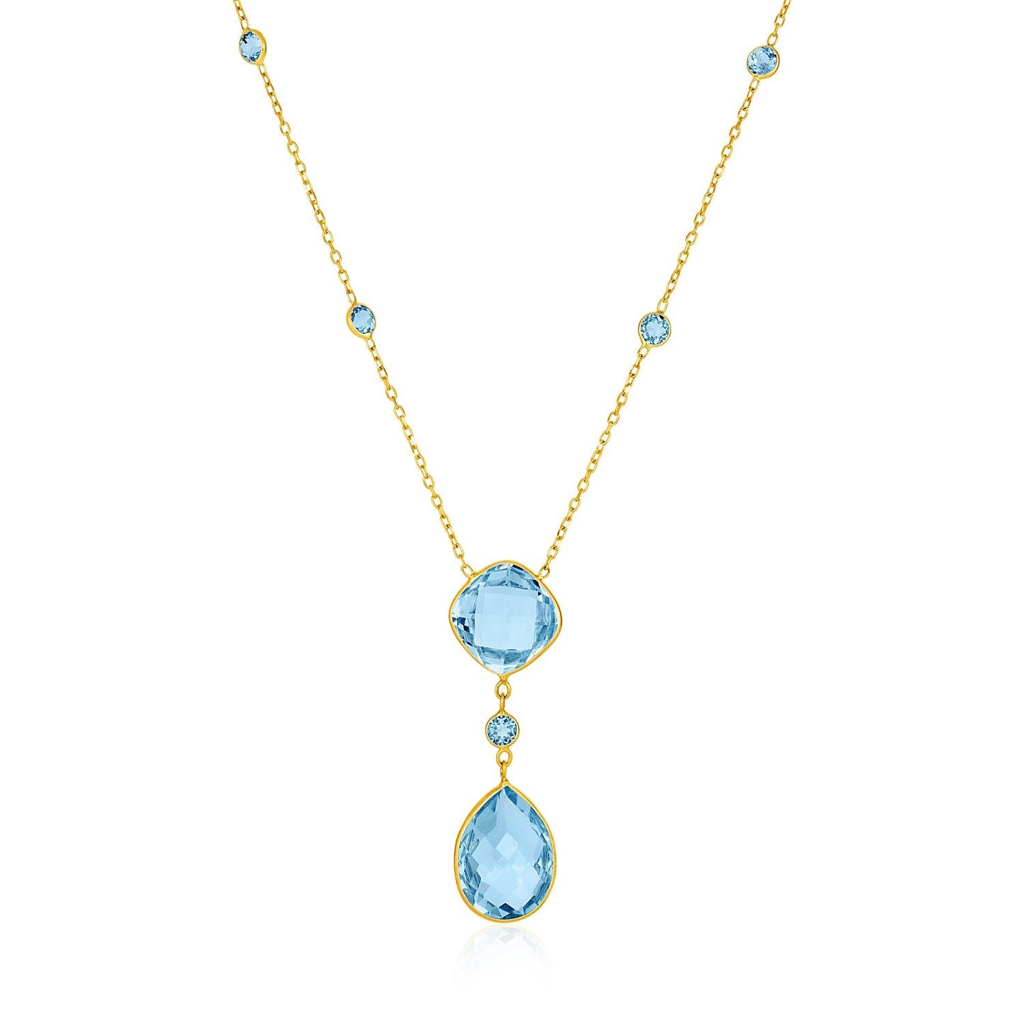 14k Yellow Gold Necklace with Pear-Shaped and Cushion Blue Topaz Briolettes - ThisandThatShoppe