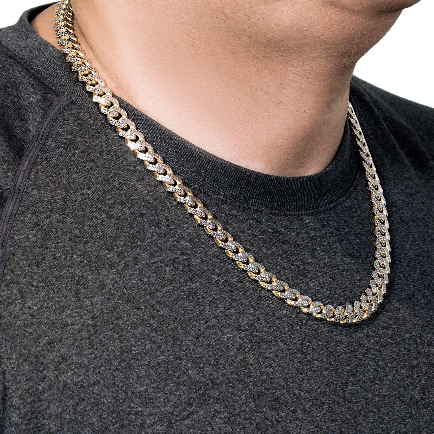 14k Two Tone Gold 8 1/4 inch Curb Chain Bracelet with White Pave (9.50 mm) - ThisandThatShoppe