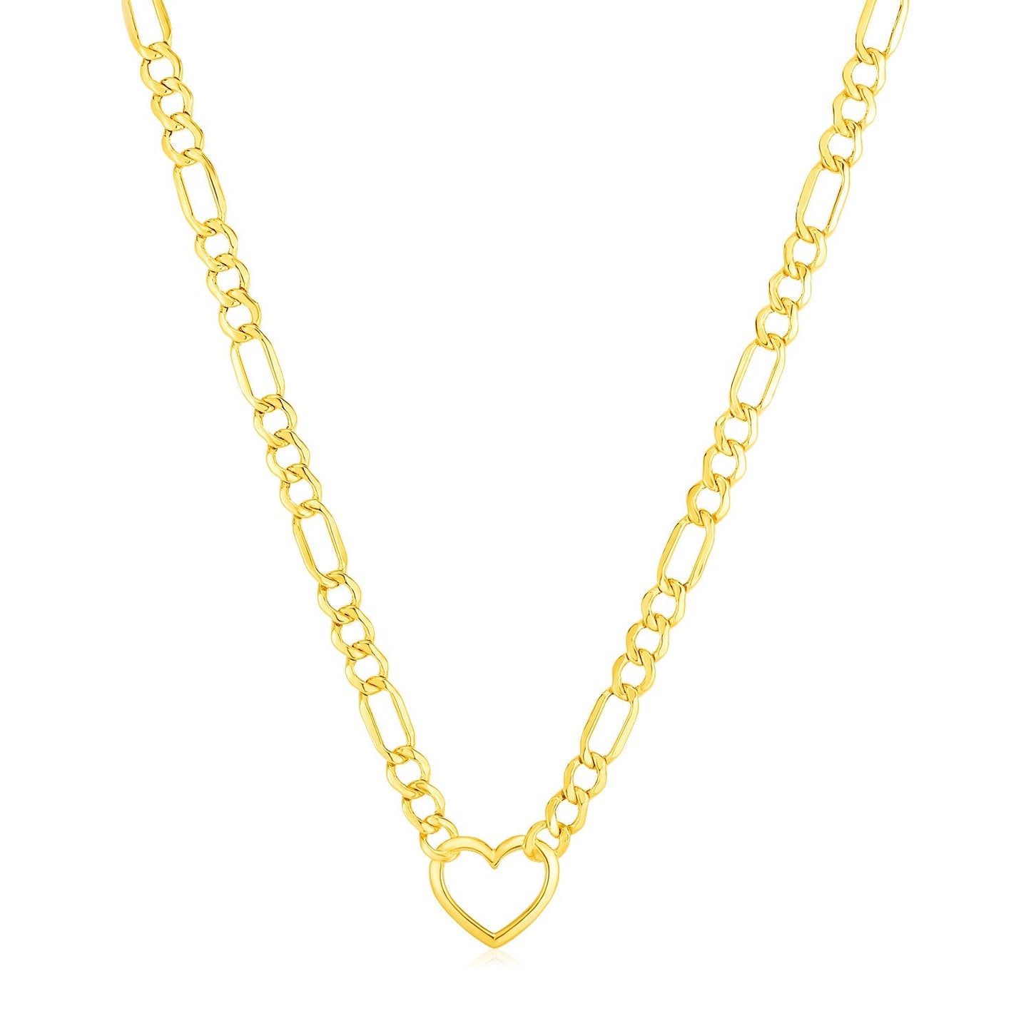 14k Yellow Gold Figaro Chain Necklace with Heart - ThisandThatShoppe