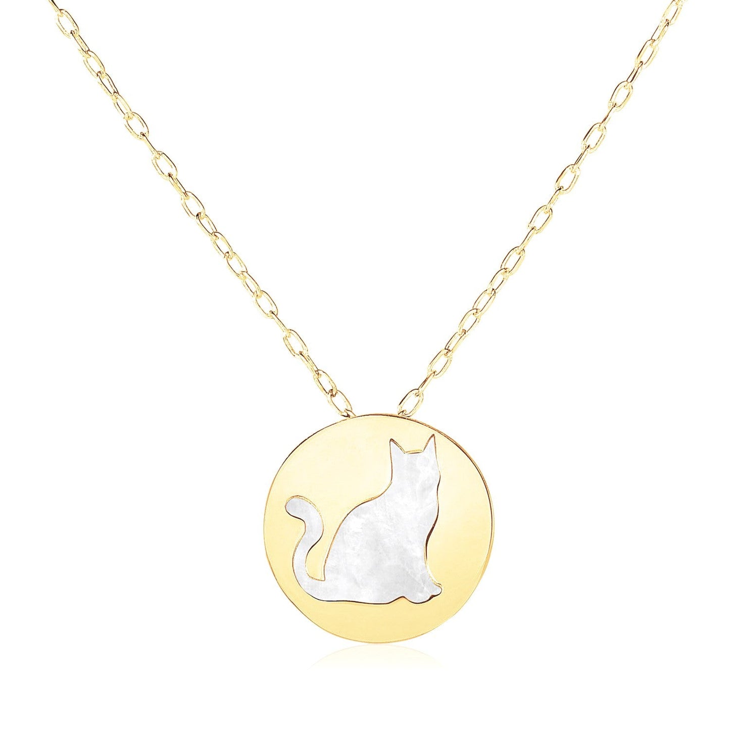 Collier en or jaune 14 carats avec symbole de chat en nacre