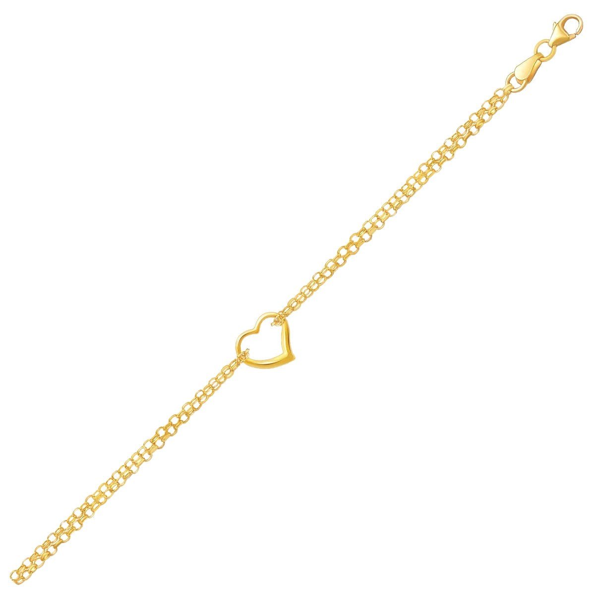 10k Yellow Gold Double Rolo Chain Anklet with an Open Heart Station - ThisandThatShoppe