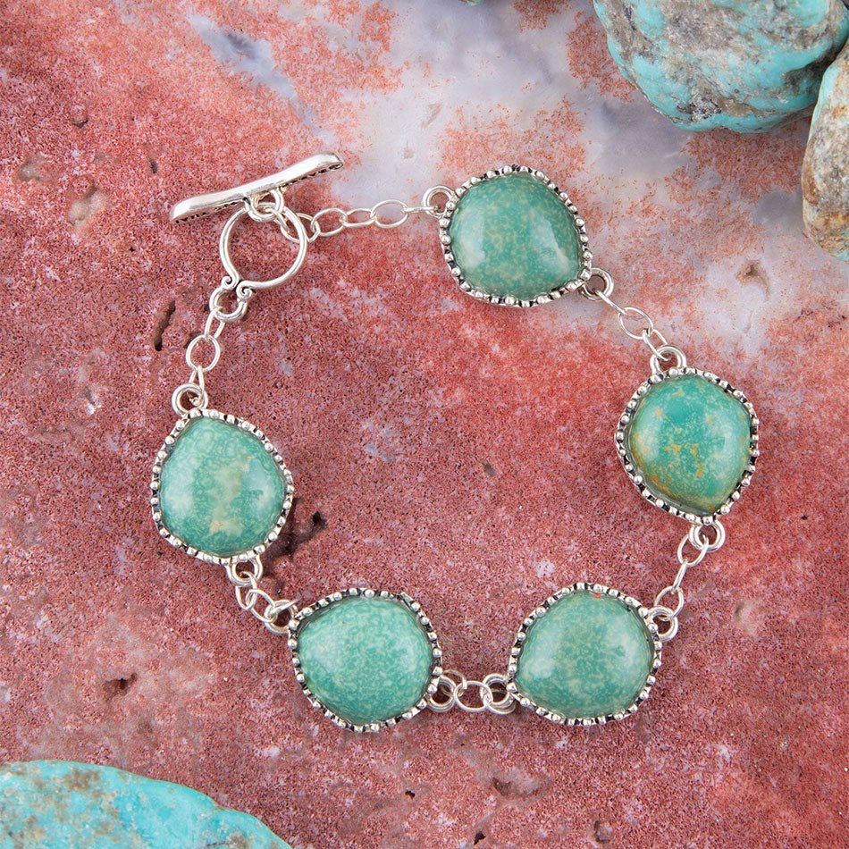 Intricate Green Turquoise and Sterling Silver Toggle Bracelet - ThisandThatShoppe