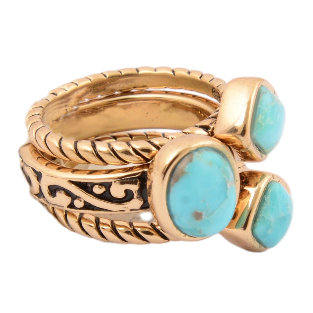Multi-Shape Blue Turquoise and Golden Trio Ring Set - ThisandThatShoppe
