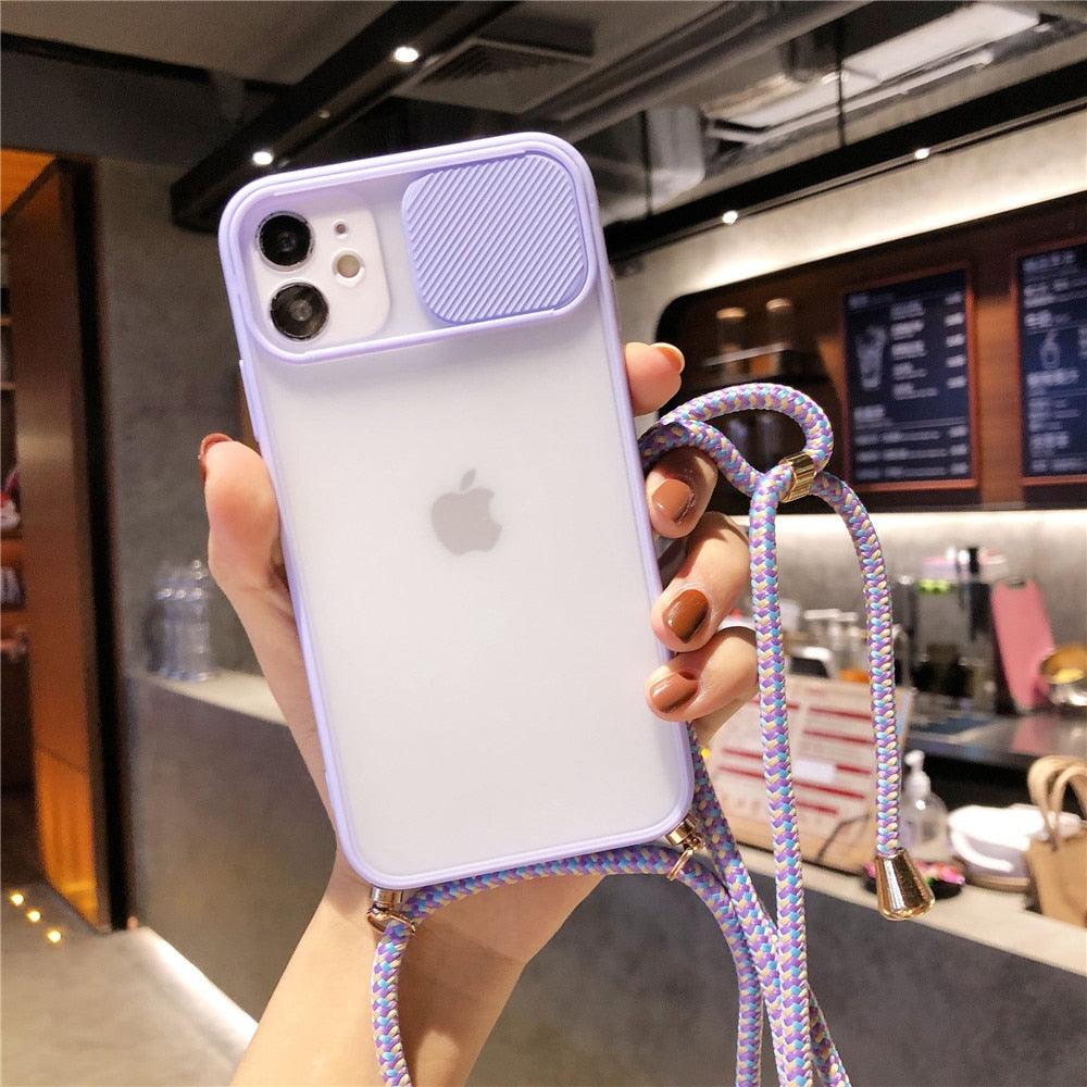 Camera Lens Protection Candy Color Phone Case For iPhone 14 13 12 11 Pro Necklace With Long Rope Lanyard Cover Camera Lens Protector Translucent Soft Edges Colorful Transparent iphone Cover