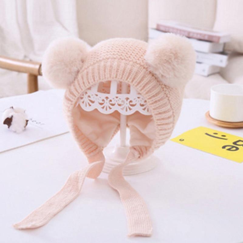 Handmade Modern Trend Winter Christmas Knitted Baby Hat Cute Double Pompom Infant Baby Boy Girl Cap Ear Protection Hats Kids Children Cap