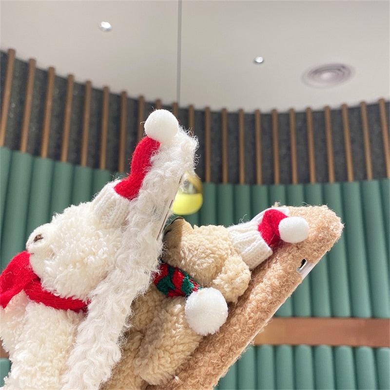 Cute Fluffy Santa 3D Teddy Bear Plush Christmas Case For Iphone 13 12 11 Pro Xs Max X Xr 7 8 Plus Se3 Shockproof Soft Cover Super Soft Winter Warm Funny Rabbit Ears Faux Fur Plush Fluffy Cover