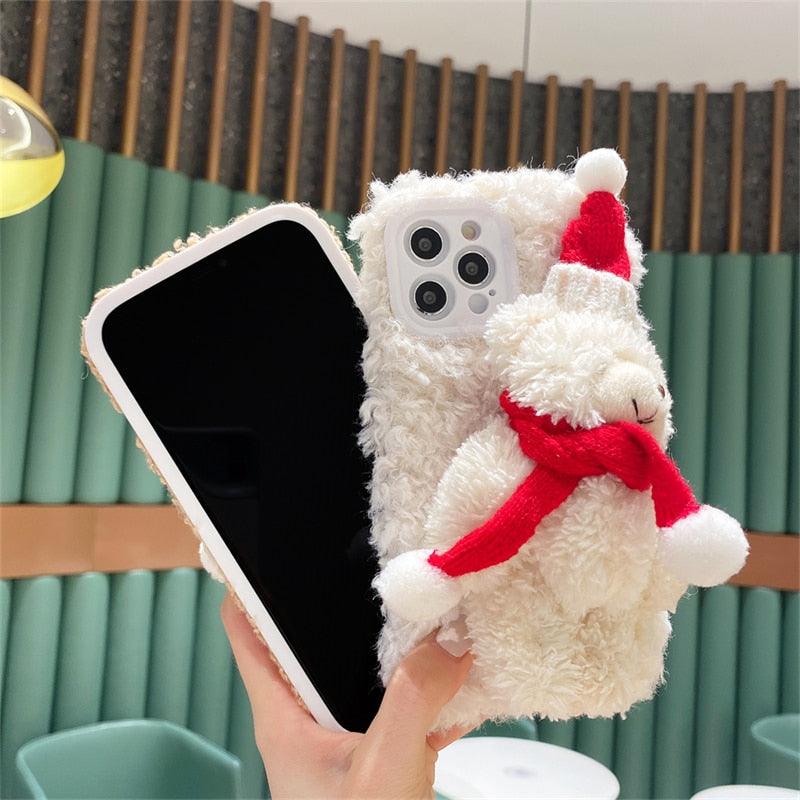 Cute Fluffy Santa 3D Teddy Bear Plush Christmas Case For Iphone 13 12 11 Pro Xs Max X Xr 7 8 Plus Se3 Shockproof Soft Cover Super Soft Winter Warm Funny Rabbit Ears Faux Fur Plush Fluffy Cover