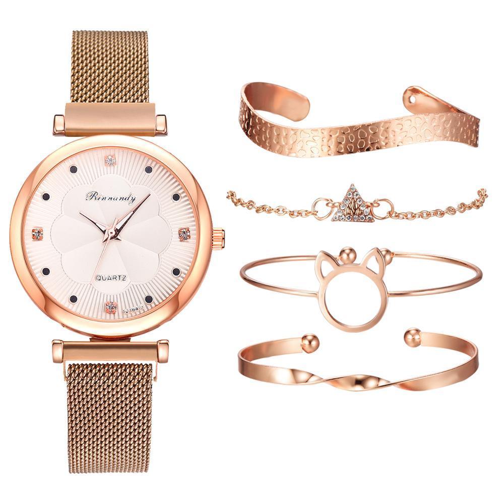 Fashion Set Women Watches Luxury Magnet Buckle Flower Rhinestone Watch Ladies Quartz Wrist Watch WIth Bracelet In Set For Women and Girls