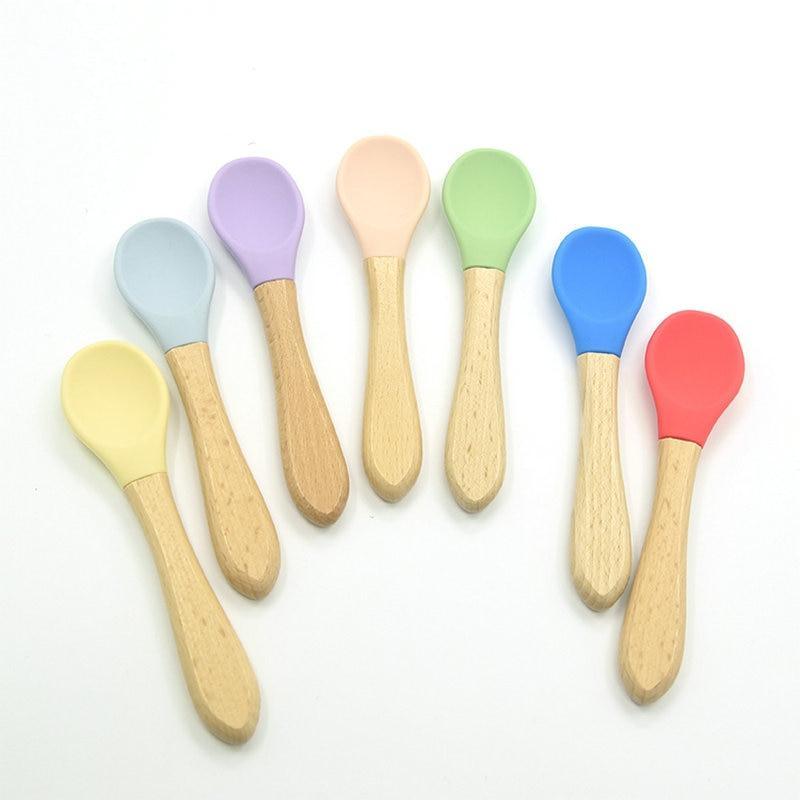 2PCS Bamboo Training Spoons Organic Soft Baby Feeding Silicone Tip Spoon Scoop Easy Grip Handle Toddlers Infant Gifts For Parents And Baby Boys Or Girls