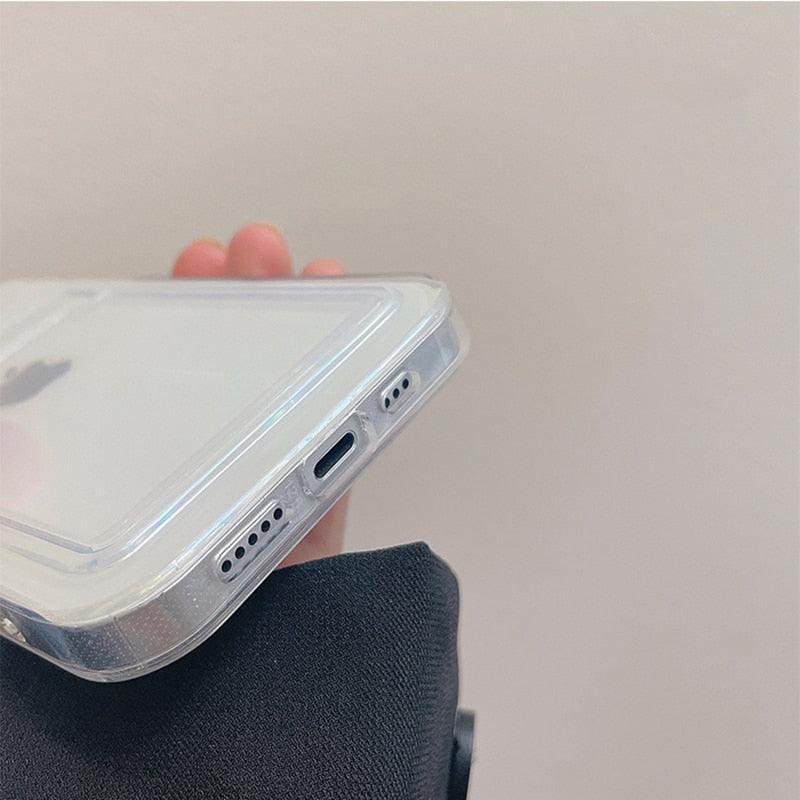 Transparent Card Holder Silicone Case For iPhone 14 13 11 12 Pro Max Mini X S XR 8 7 Plus Lens Protection Cover Clear Protective Case with Card Slot Slim Drop Resistant Soft Bumper Cute Pocket Cover