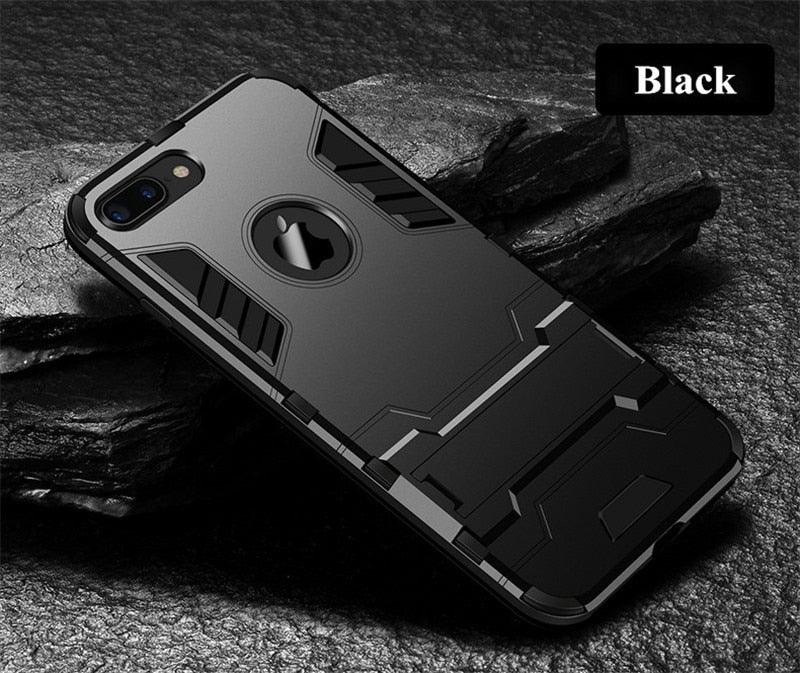 Luxury Black Cool Armor Case For iPhone 8 7 6 6S Plus 5 5s Shockproof Case For iPhone X XS MAX XR Stand Cover Case Heavy Duty Shockproof Armor Dual Layer Protection Back Case Cover