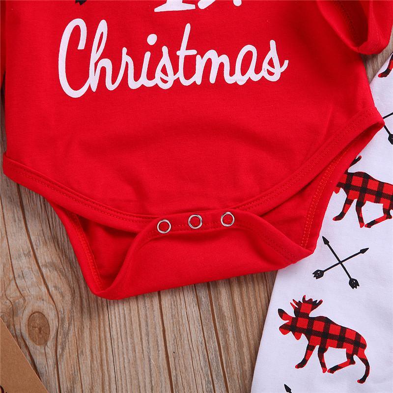 Casual New Baby Boy/Girl First Christmas printed Clothes Romper Trousers Hat Outfit Set