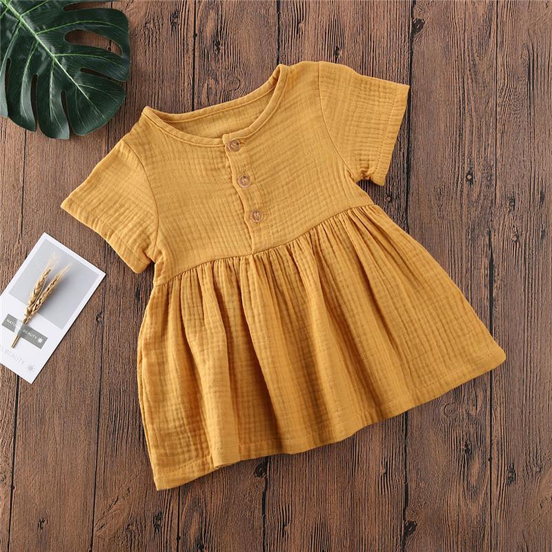 Kids Summer Cotton Linen Dress with Plain Short sleeve Party A-line dress For Small Girls 1-3 Years