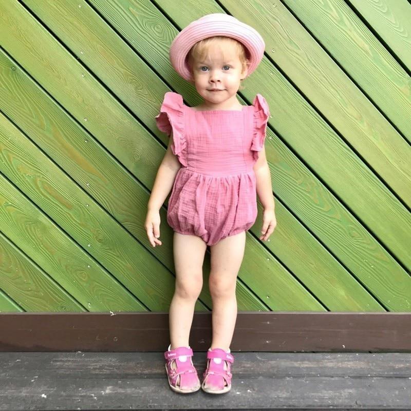 Cotton Baby Girl Double Ruffle Romper Jumpsuit with Headband Playsuit For Newborn With Bow