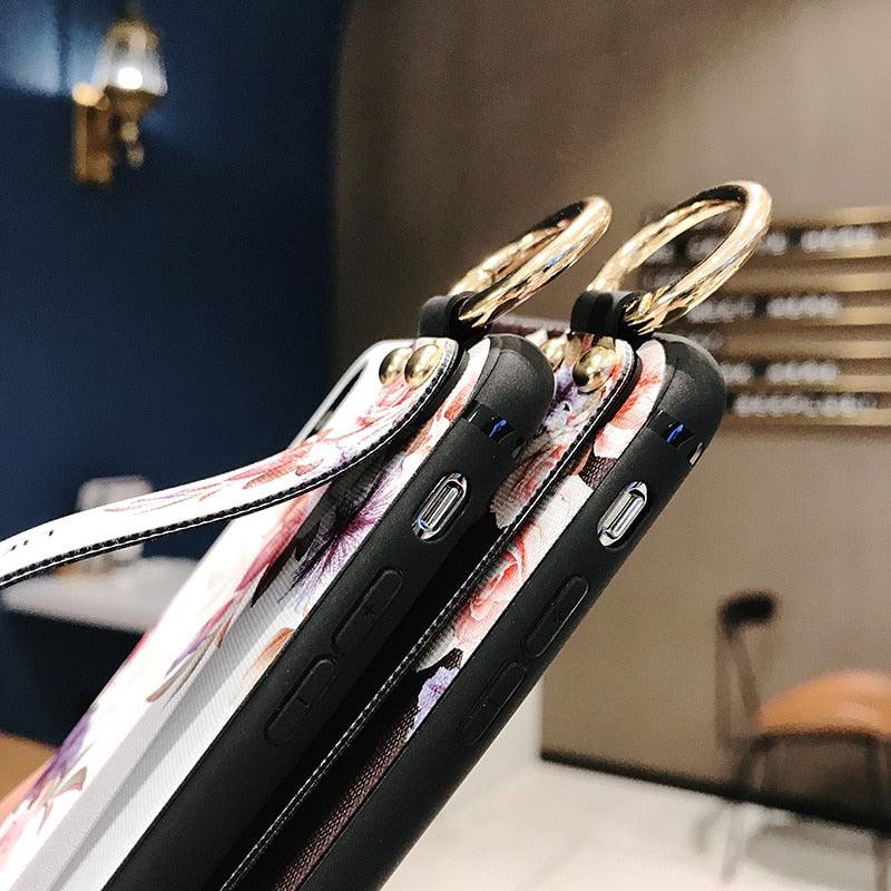 Rose Flowers Wrist Strap Phone Cases For iPhone 13 12 11 14 pro MAX X XR XS MAX 7 8 Plus Cover Hand Band Cases Soft Full Protection Slim Colorful Protective Phone Case For iPhone
