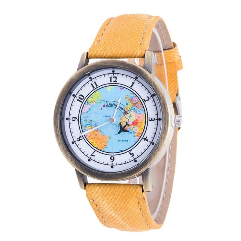 Fashion Casual Watches Women Casual Wristwatch Personality World Map With Airplane Pattern Cowboy Band Quartz Watch For Woman and Girls