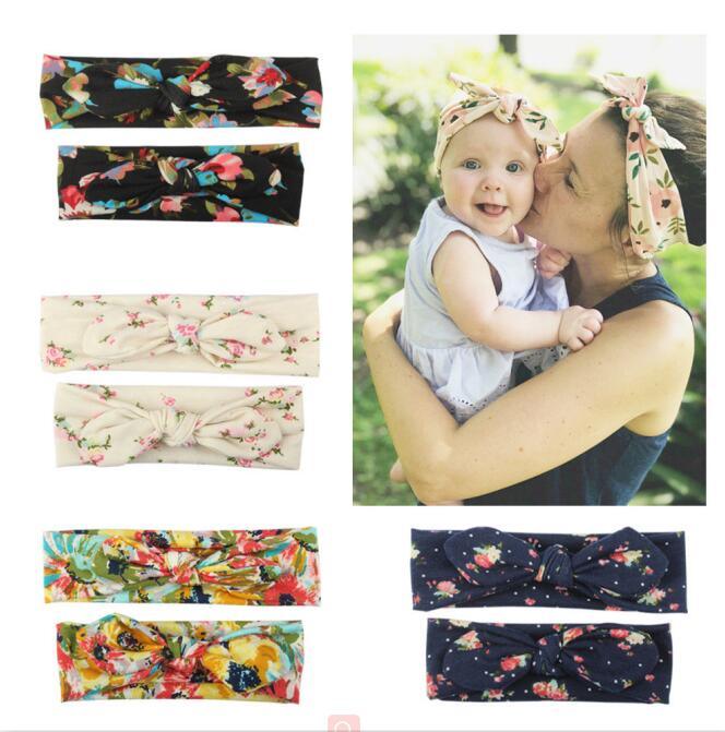 Modern Handmade Mother Baby Turban Matching Headband Mom Daughter Rabbit Ears Headbands Floral Print Bow
