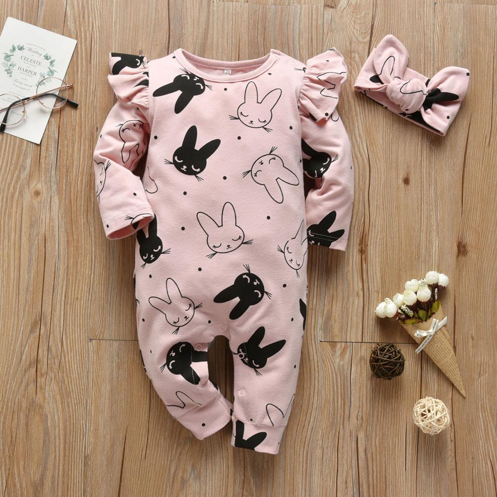 Modern Baby Girls Romper Cartoon Rabbit Pattern Cotton Long Sleeve Jumpsuit+Headband Outfits Set Jumpsuit With Bow