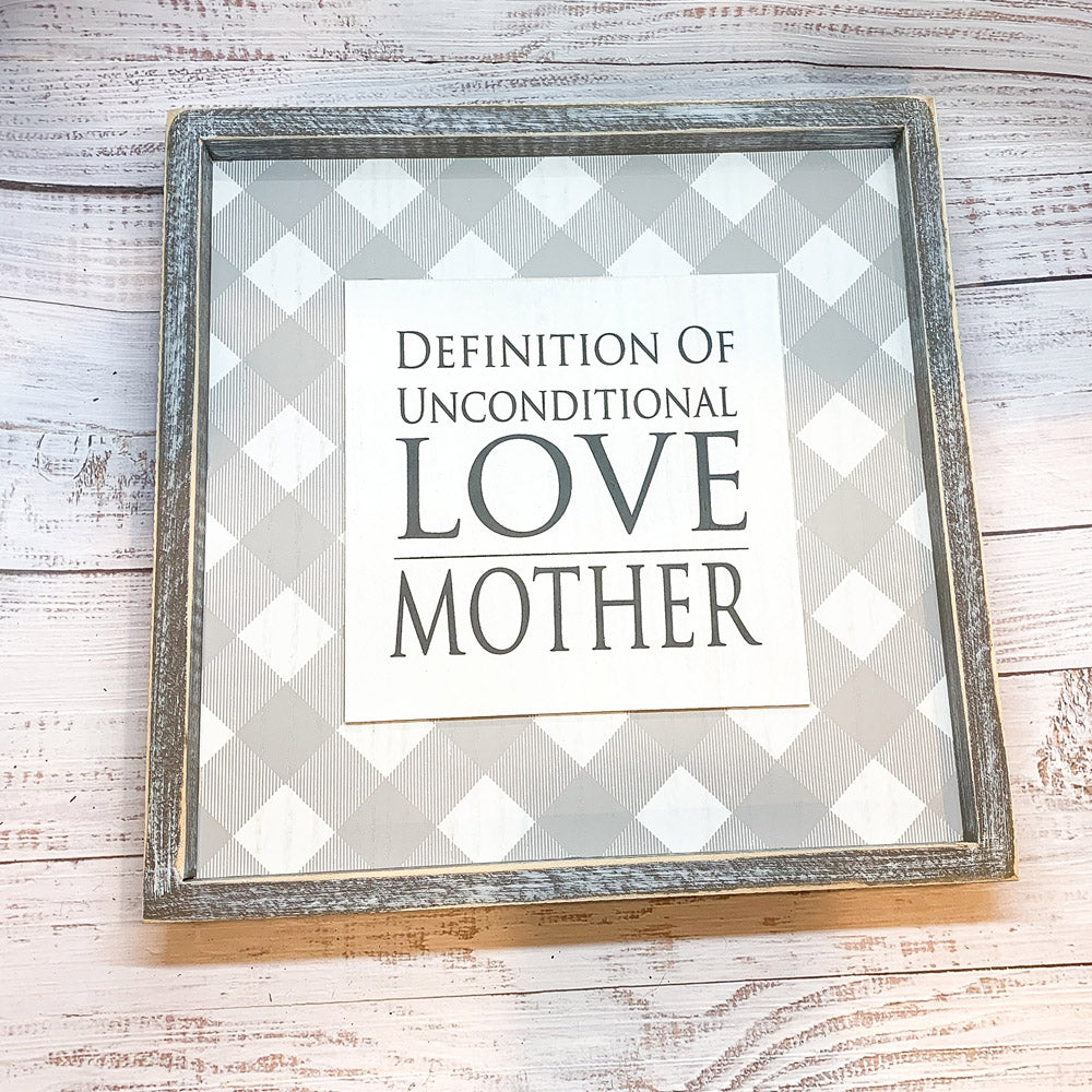 Bedingungslose Liebe Holzschild 12x12 gerahmt Rustikales Muttertagsgeschenk für Mama Definition Wanddeko