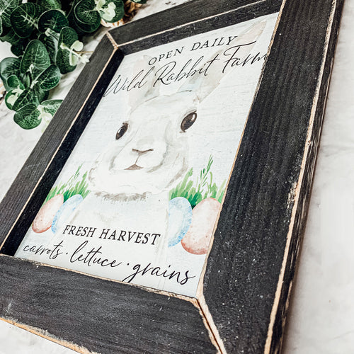 Panneau de Pâques « Wild Rabbit Farms » 8x10 Encadré Rustique Décoration de Printemps Ferme Ouvert Tous les Jours Récolte Fraîche