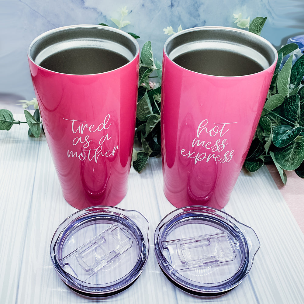 Pink Travel Mug 18oz Stainless Steel Tired As A Mother Insulated Coffee Tumbler Gift For Mom