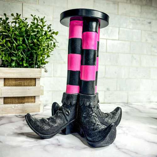 Bougeoir Pilier Sorcière Décoration d'Halloween Bottes Rayées Pailletées