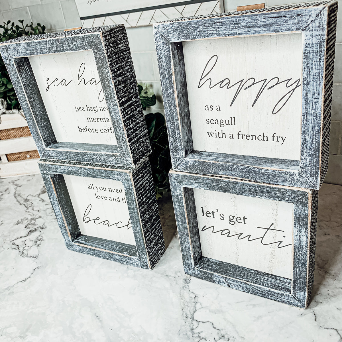 Happy As A Seagull Wooden Sign 5x5 Distressed Gray Frame Beach Decor Funny Coastal Gift
