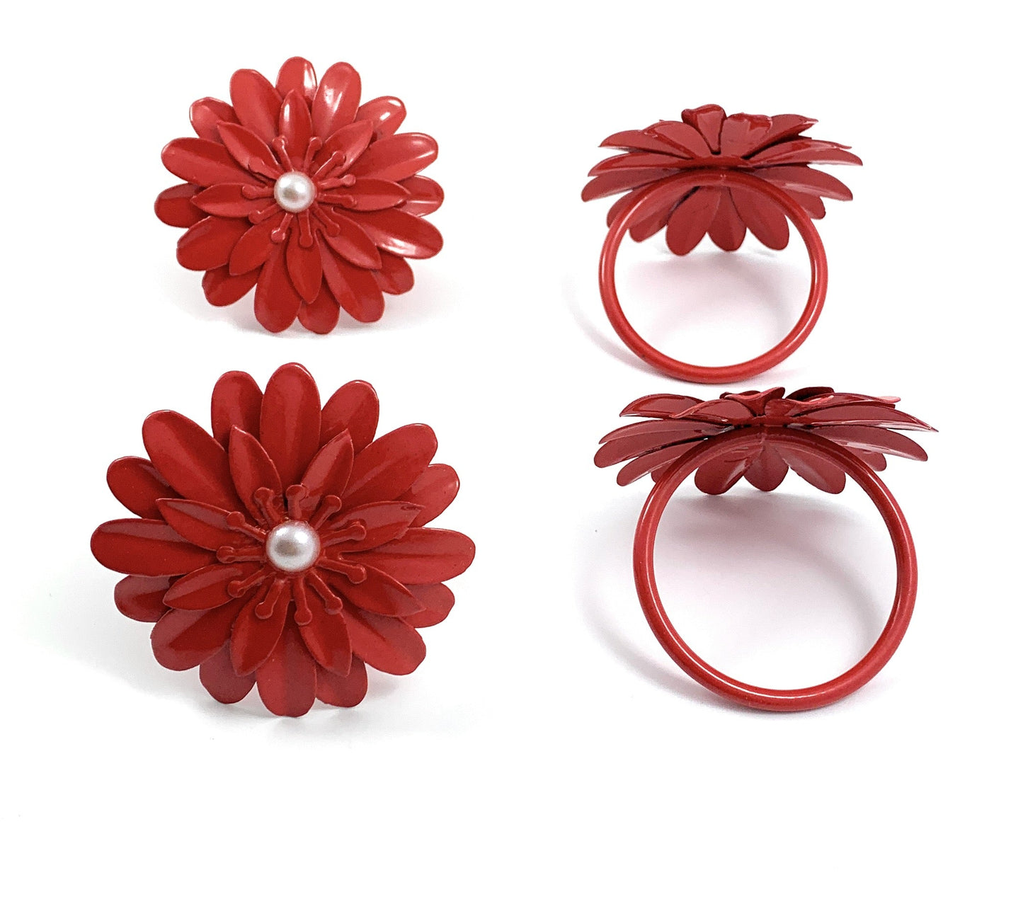 Vibhsa Red Floral Napkin Rings | Set of 4, Pearl Accents, Handcrafted
