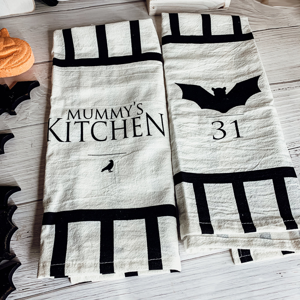 Torchons d'Halloween Chauve-Souris 31 Contre Momie Noir Blanc Torchon de Vaisselle en Coton Essuie-Mains de Cuisine Décoration