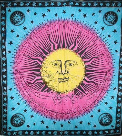 Sonne-und-Halbmond-Batik-Wandteppich