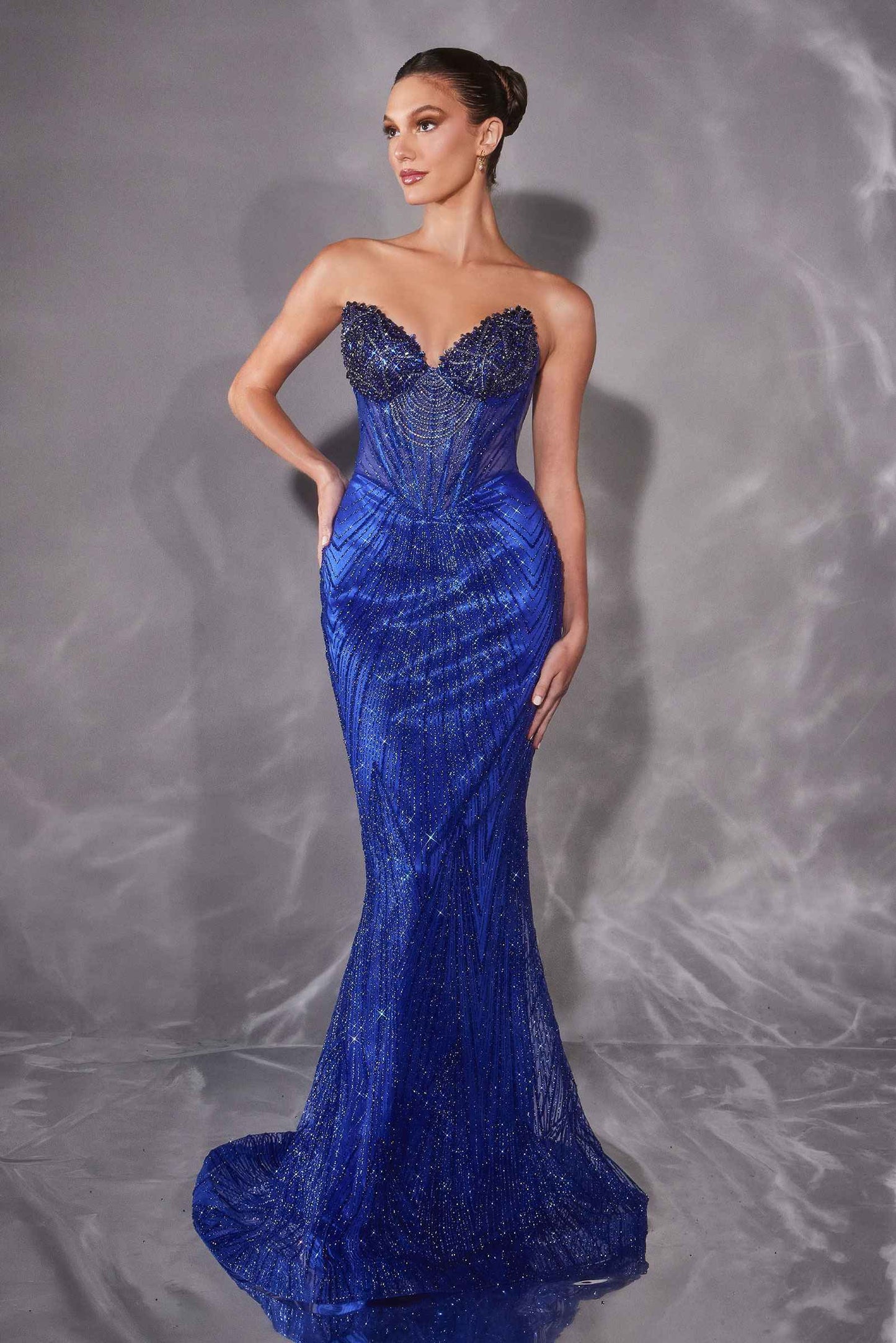 Ladivine J903 Lavish Crystal Encrusted Sheer Corset Bodice Fitted Gown