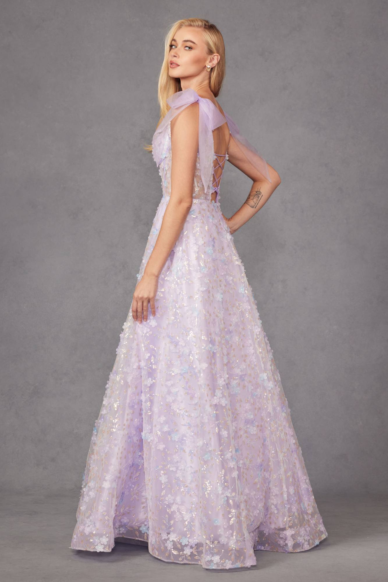 Juliet JT2439K Long 3D Floral Glitter Print Sleeveless A-line Gown