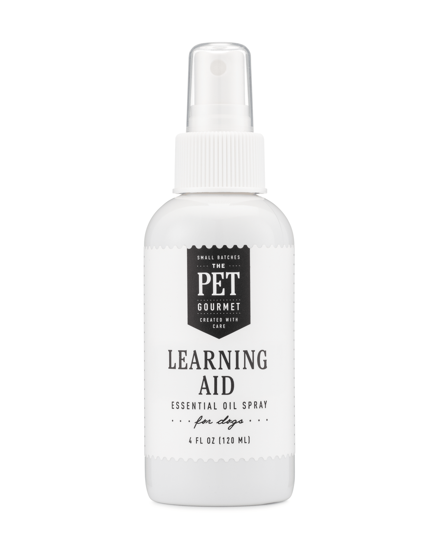 Bottle of Learning Aid Essential Oil Spray for Dogs with natural ingredients for focus and concentration