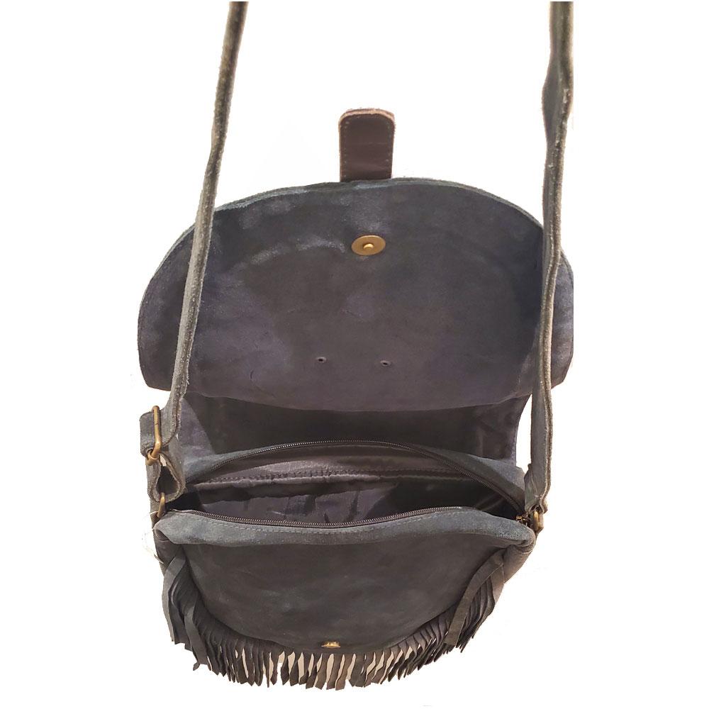 Sac bandoulière en cuir daim bohème à franges et pompons réglable