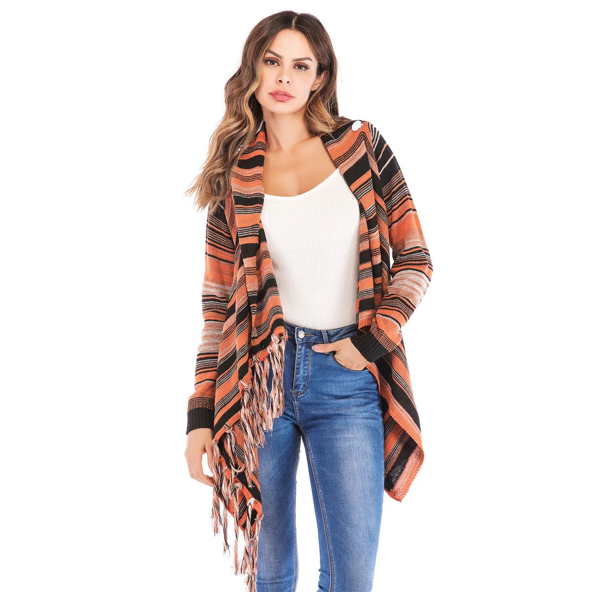 Long Striped Cardigan Coat For Women Poncho Tassels Shawl Loose Sweater Knitted Cardigans Casual Jacket Female Coat Autumn